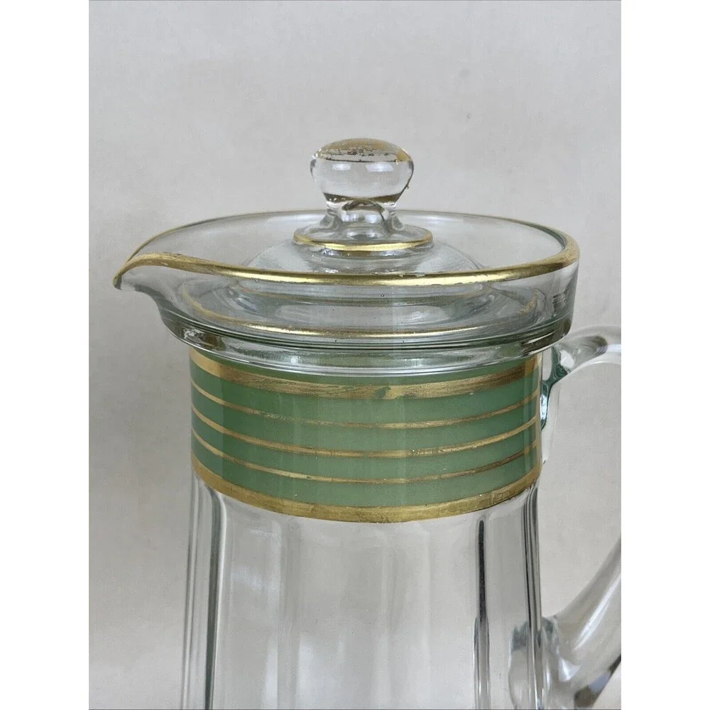 VTG Early 20th Tiffin Glass 9” Gold Trimmed & Green Gold Banded Pitcher‎ w/lid